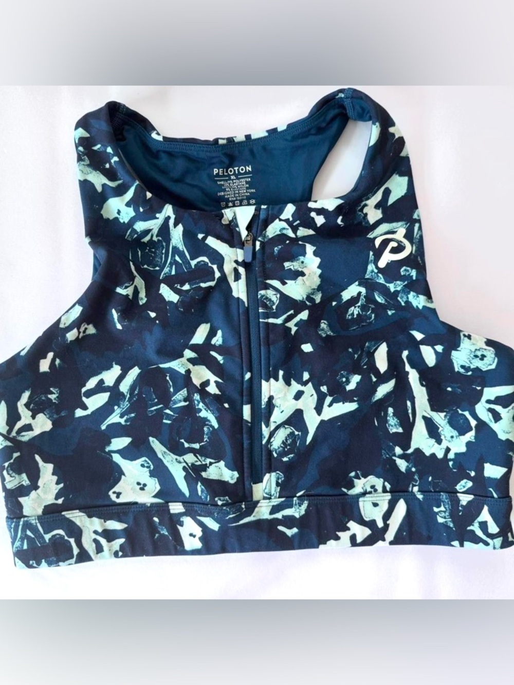 Peloton Cadent High Neck Zip Front Sports Bra XL Blue Print